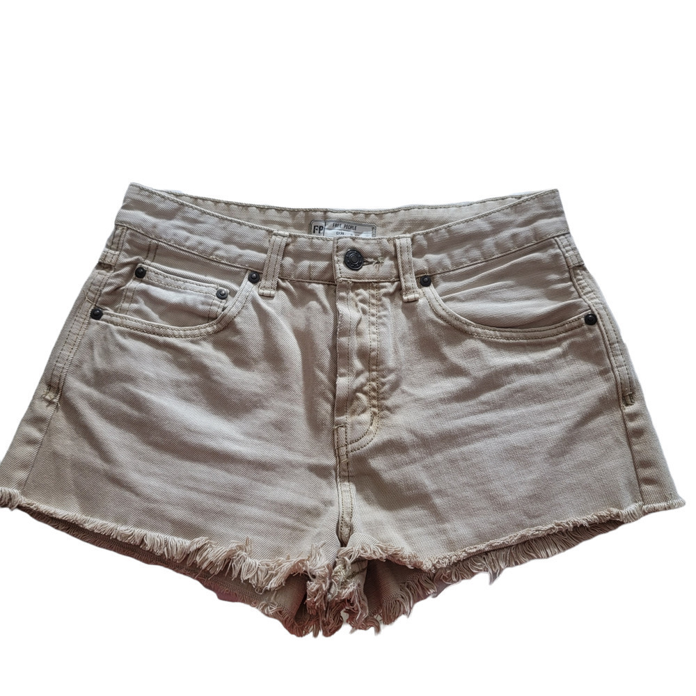 Free People Beige Denim Jean Shorts Raw Hem High Rise Button Fly Size 27